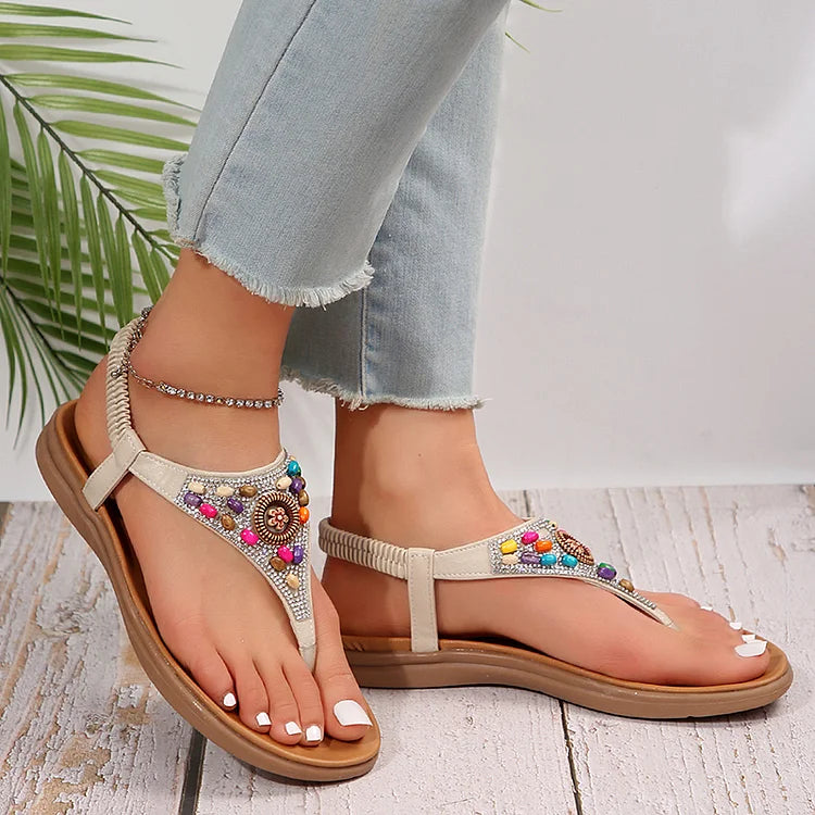 Boho Bunte Perlen Strass Flip Flops Gummiband Sandalen