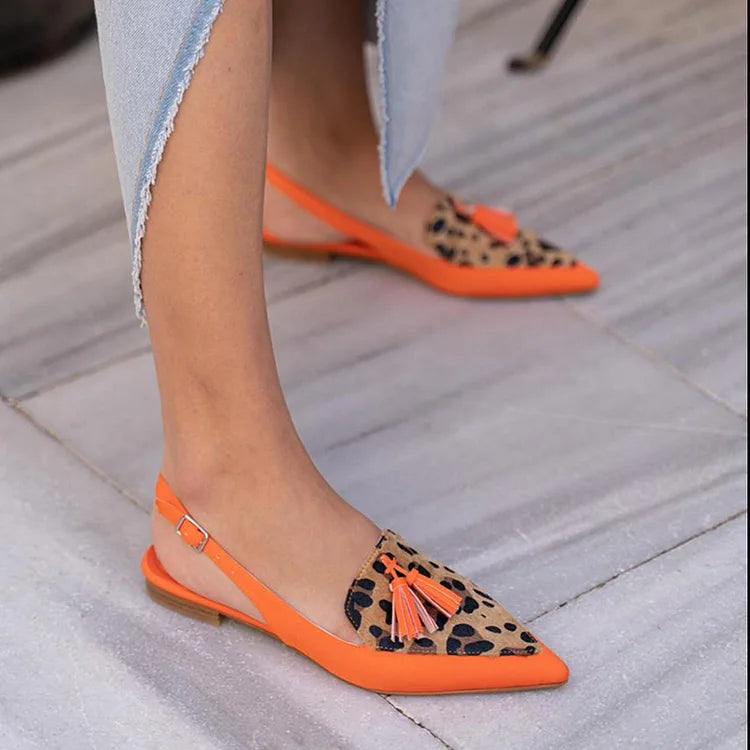 Colorblock Leopard Print Pointy Toe Slingback Strap Flats