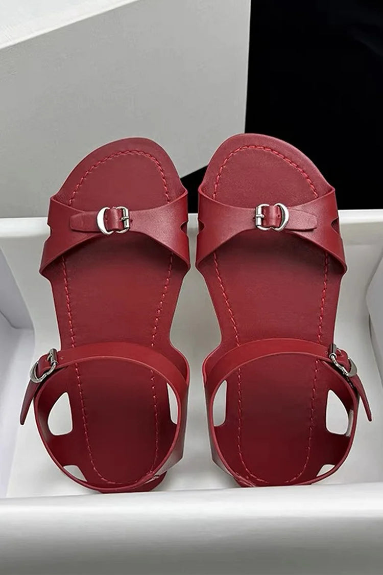 Solid Color Strap Buckle Cutout Round Toe Leather Sandals