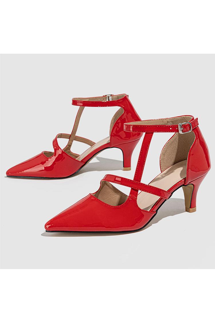 Scarpe con tacco a spillo a punta, con cinturino alla caviglia incrociato irregolare, tinta unita e fibbia