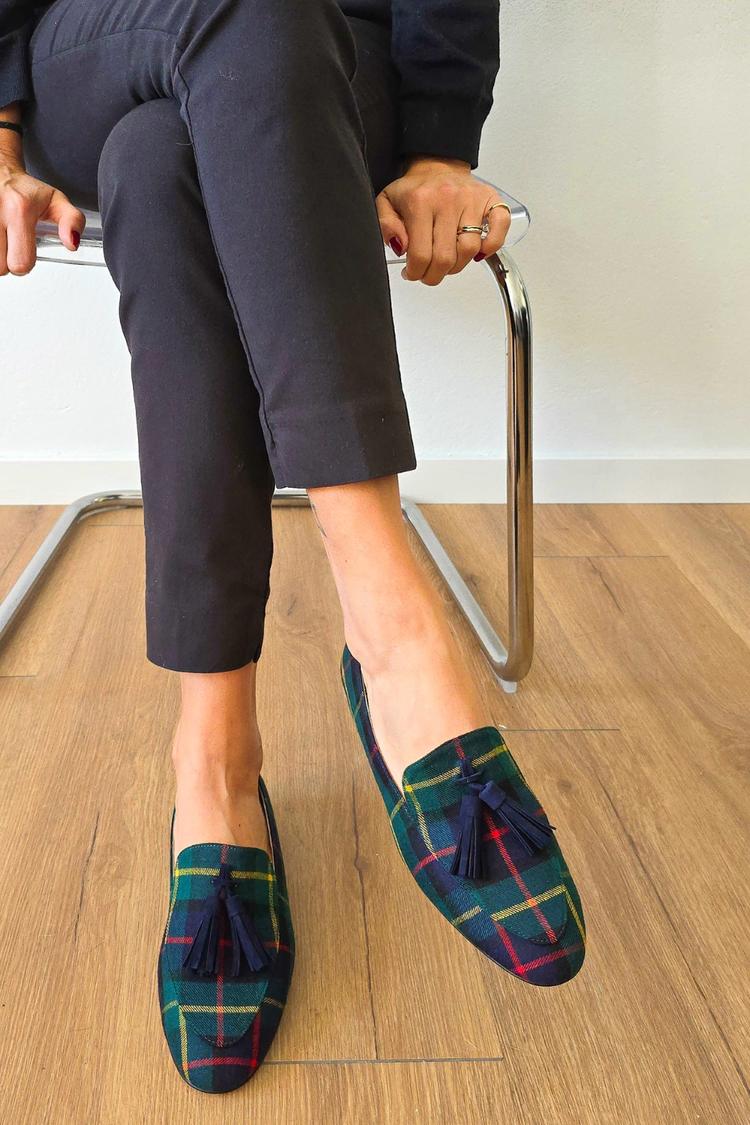 Colorful Plaid Print Tassels Trim Round Toe Casual Green Loafers [Pre Order]