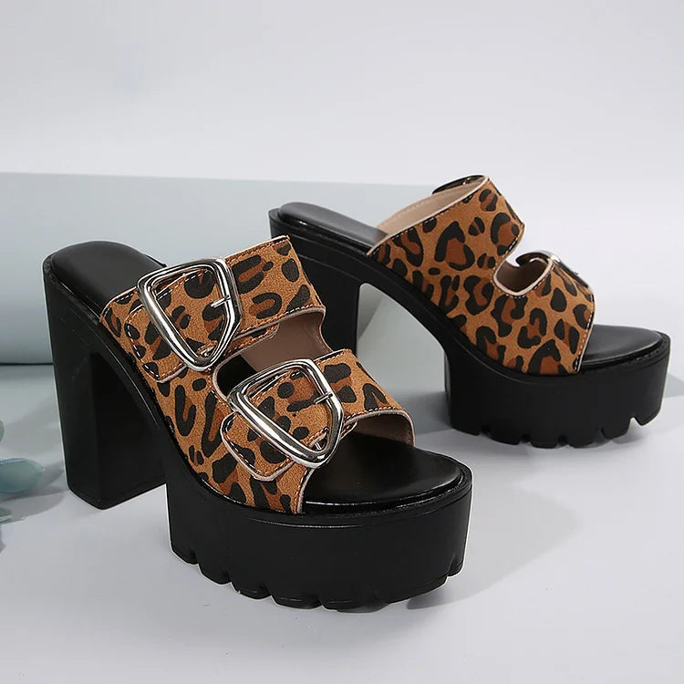 Fivelas de cinto grossas com estampa de leopardo decoração Peep Toe plataforma saltos grossos