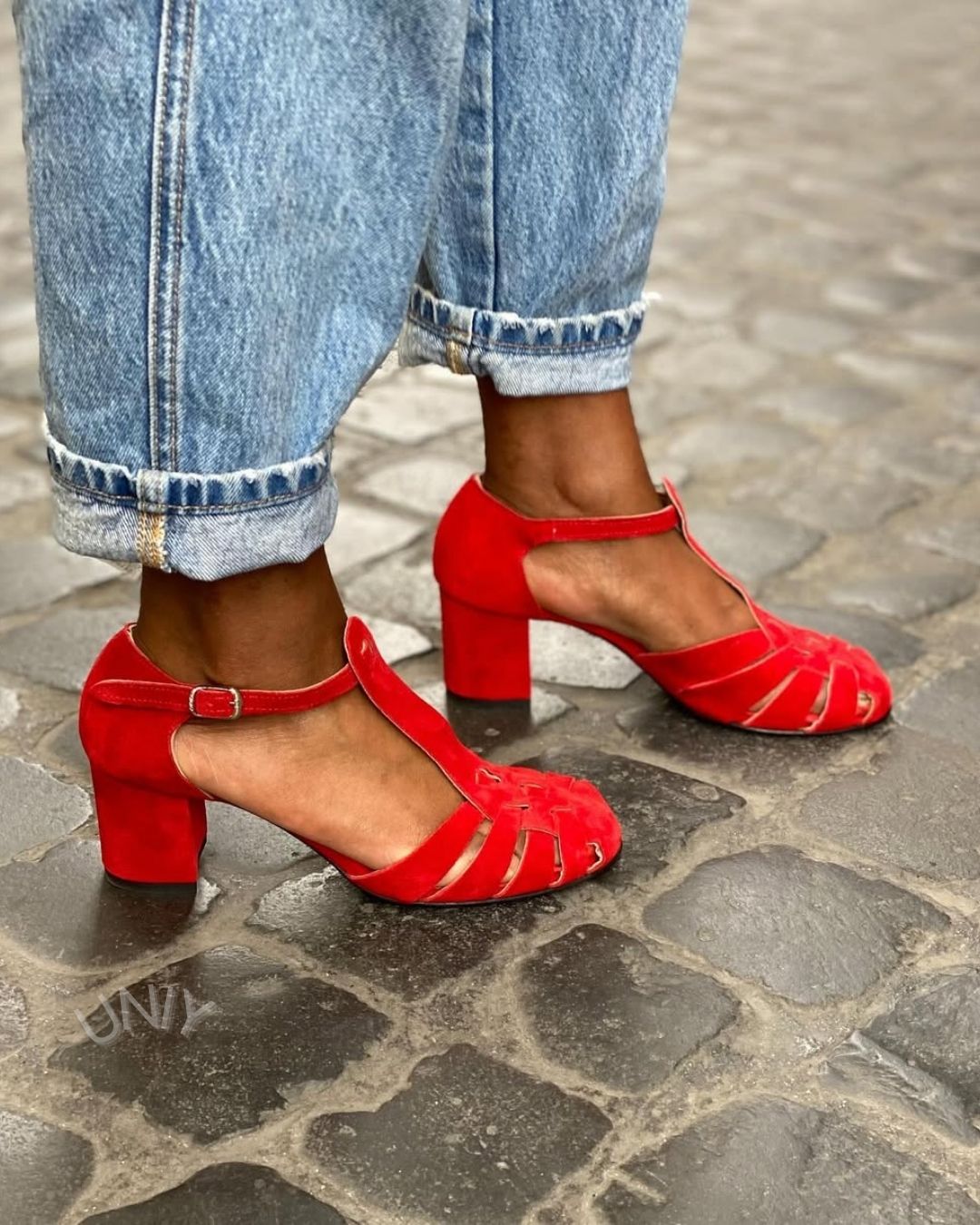 Elegant Red Suede Woven T-Bar Strappy Block Heels [Pre Order]
