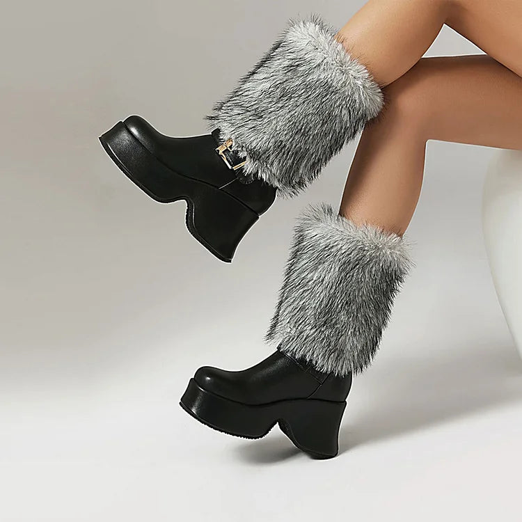 Strap Buckle Decor Faux Fur Round Toe Chunky Heel Platform Mid Boots