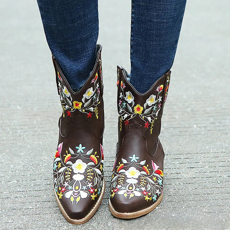 Floral Embroidery Pointed Toe Patchwork Chunky Heel Cowgirl Boots