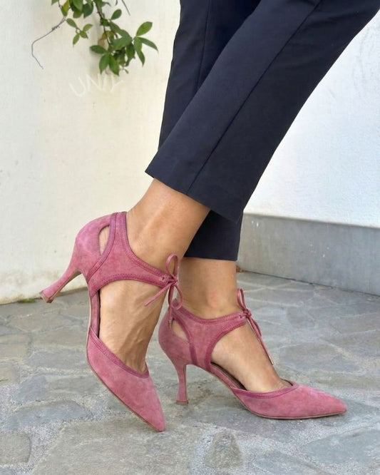 Retro roze namaak suède pumps met spits toelopende neus en strik aan de voorkant [Vooraf bestellen]