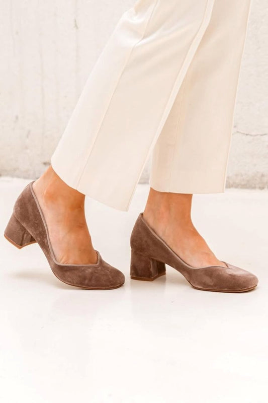 Brown Faux Suede Round Toe Elegant Versatile Mid Heels [Pre Order]