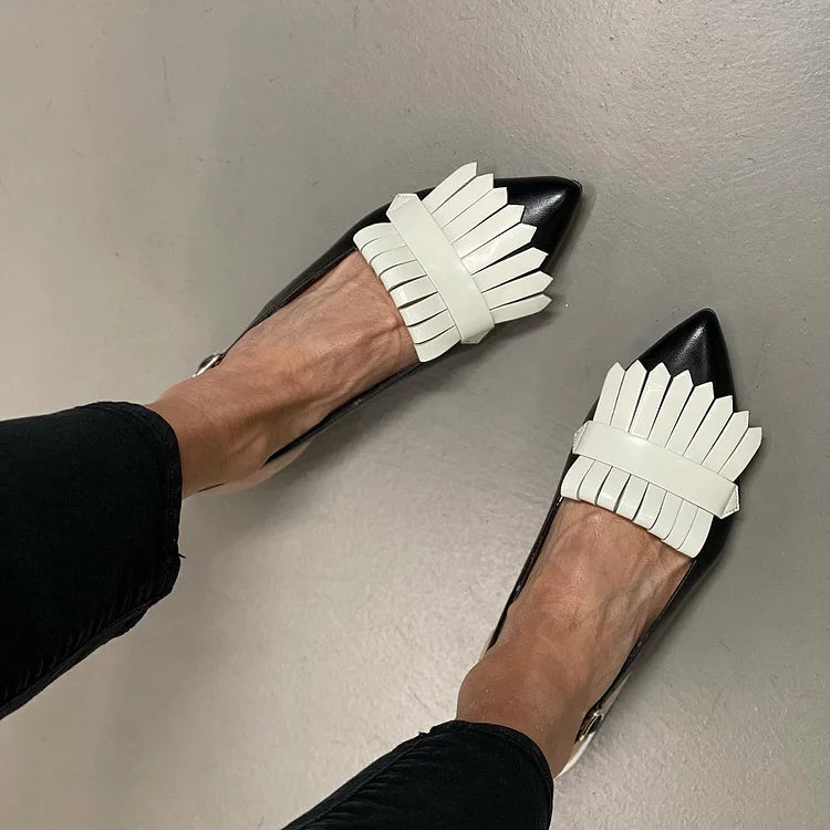 Fringed Trim Pointy Toe Slingback Strap Retro Flats