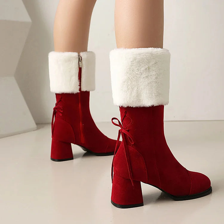 Weihnachtliche Farbblock-Stiefel mit flauschigem Besatz und Schnürung, quadratischer Zehenpartie und klobigem Absatz