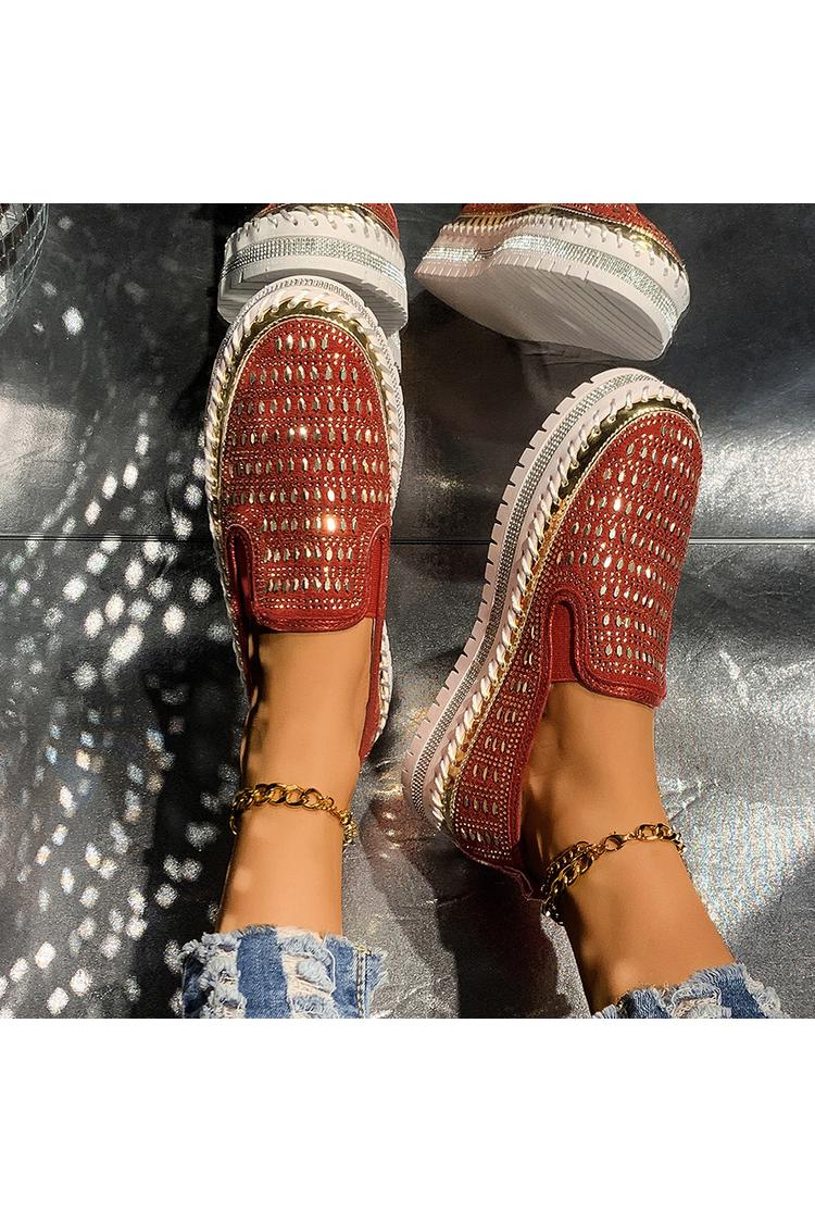 Strassverzierung Steppdetail Rundzehen Freizeit Plateau Loafers