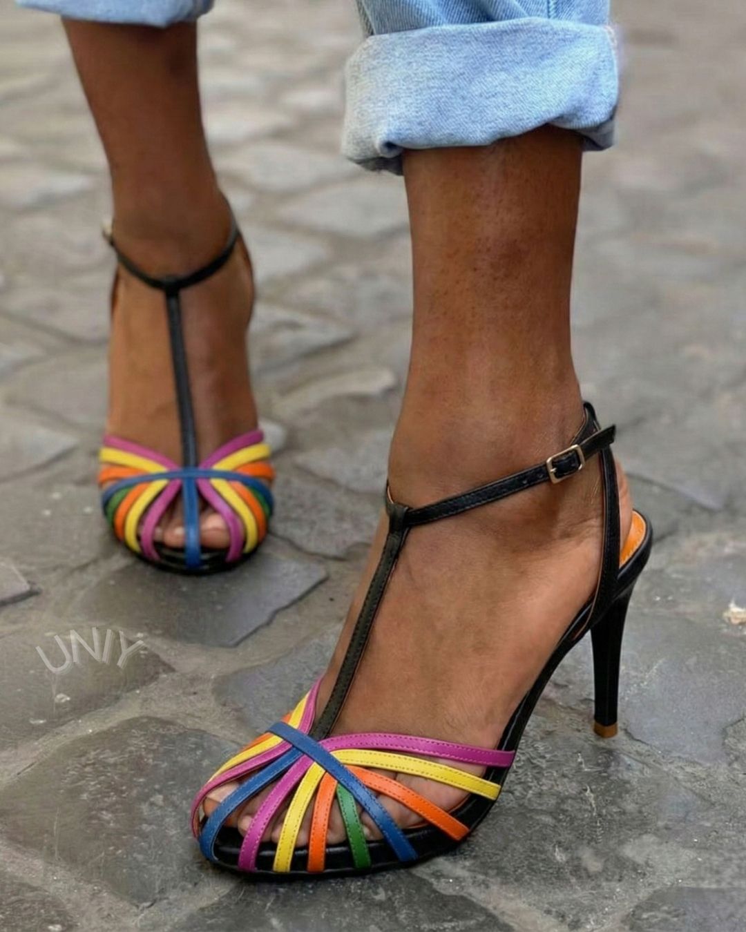 Kleurrijke Regenboog Sandalen met Enkelbandje en Blokhak [Vooraf Bestellen]