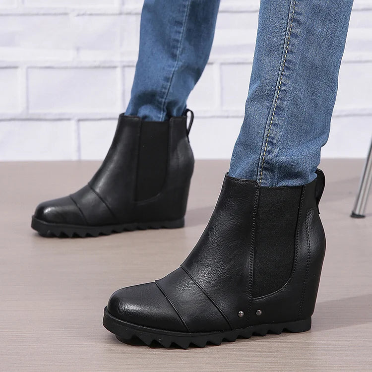 Patchwork Metal Rivet Round Toe Wedge Heel Ankle Boots