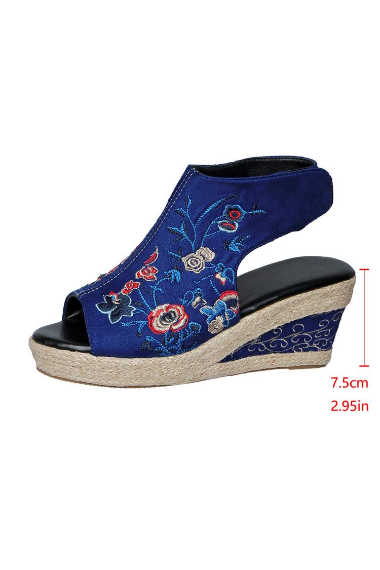 Sandali con zeppa casual con punta aperta e cinturino posteriore, motivo floreale 