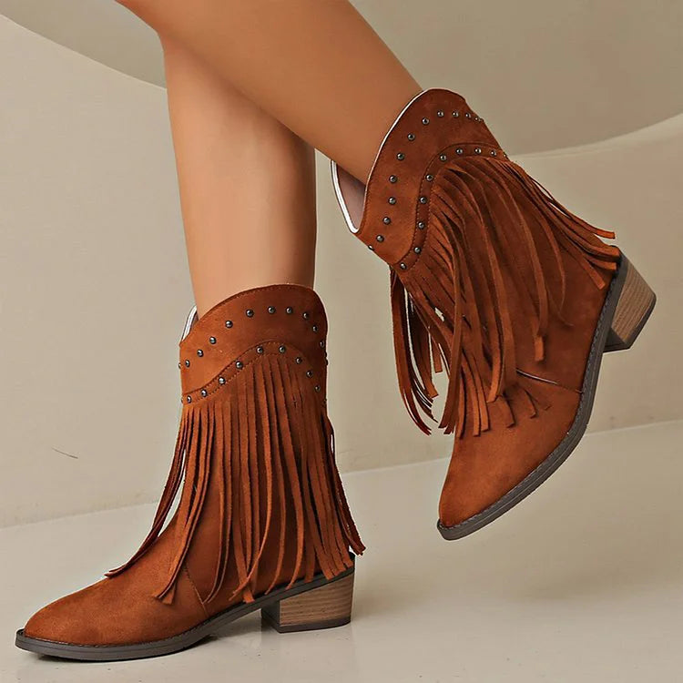 Metal Rivets Decor Fringed Trim Pointed Toe Chunky Heel Mid Boots