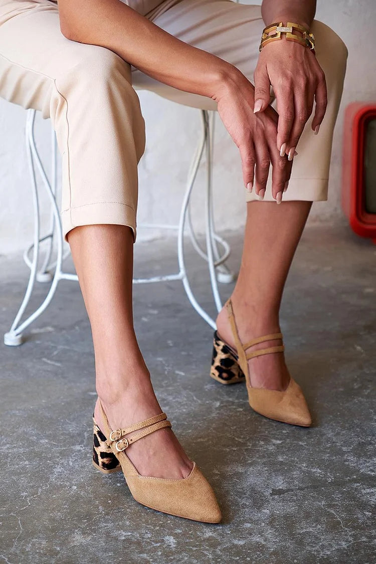 Two Chunky Buckles Pointy Toe Slingback Khaki Straps Heels [Pre Order]