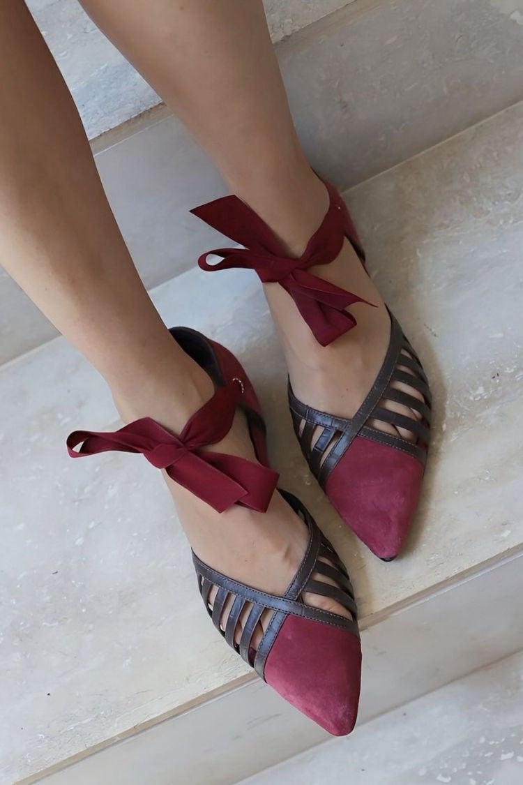 Versatile Colorblock Patchwork Pointed Toe Cutout Bow Tie Flats [Pre Order]