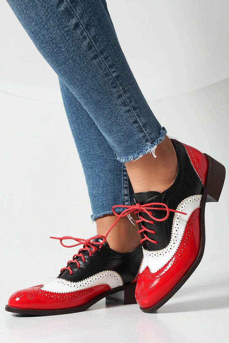 Colorblock Round Toe Low Block Heel Lace Up Brogue Oxfords