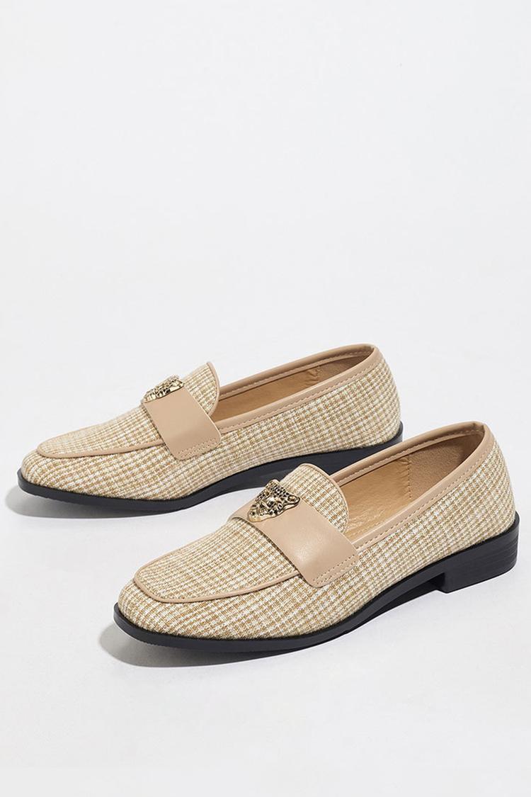 Metall Leopard Kopf Dekor Patchwork Quadratische Zehe Freizeit Slipper