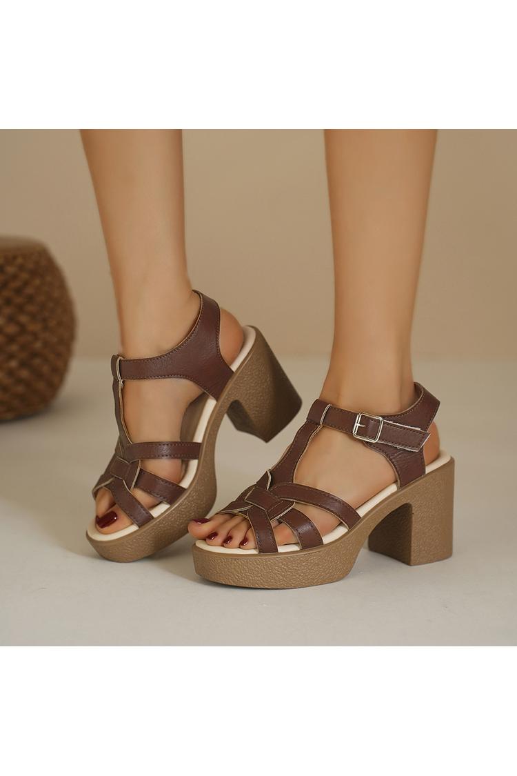 Sandali con tacco, punta tonda e fibbia, tinta unita, cinturino a T