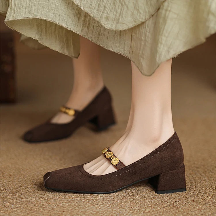 Catena con moneta in metallo, cinturino sul collo del piede, patchwork, punta quadrata, tacco spesso