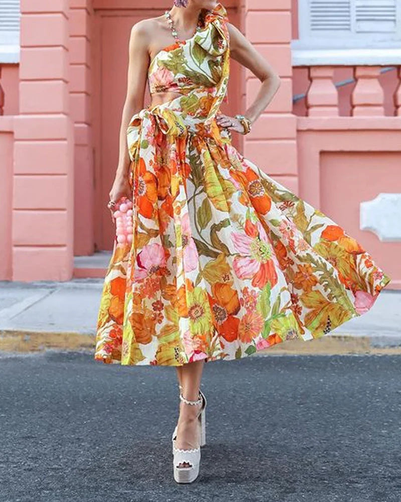 Vestido elegante con estampado de cordones y un solo hombro 