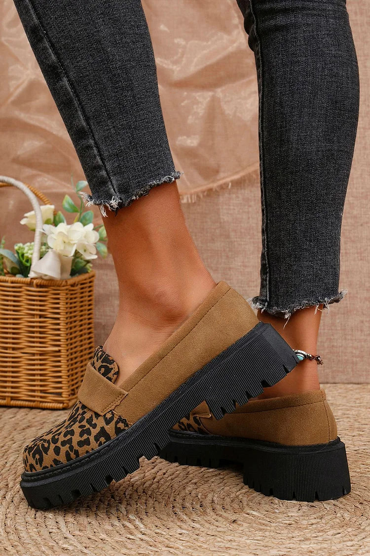 Patchwork Round Toe Leopard Print Low Block Heel Loafers