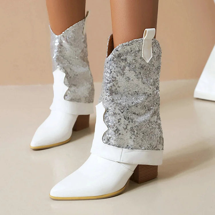 Sequins Decor Fold Over Pointed Toe Chunky Heel Western Boots