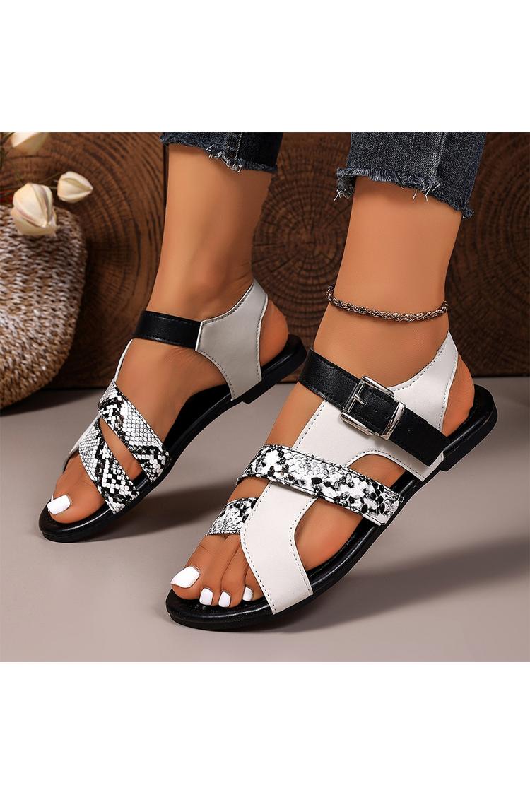 Sandali casual con punta tonda, cinturino alla caviglia, fibbia e stampa serpente color block
