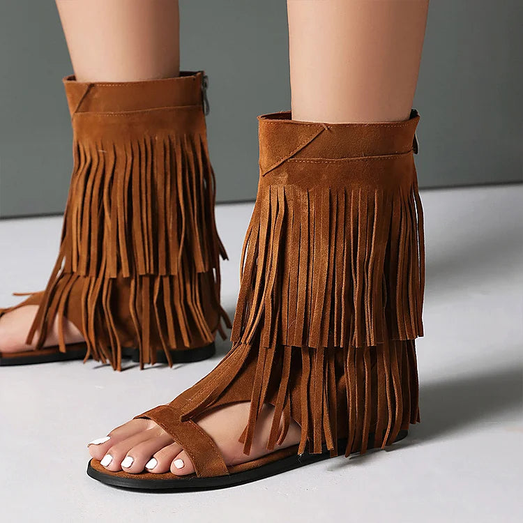 Sandały botki na wysokim obcasie z zamkiem błyskawicznym, odkrytymi palcami, ozdobione frędzlami w jednolitym kolorze