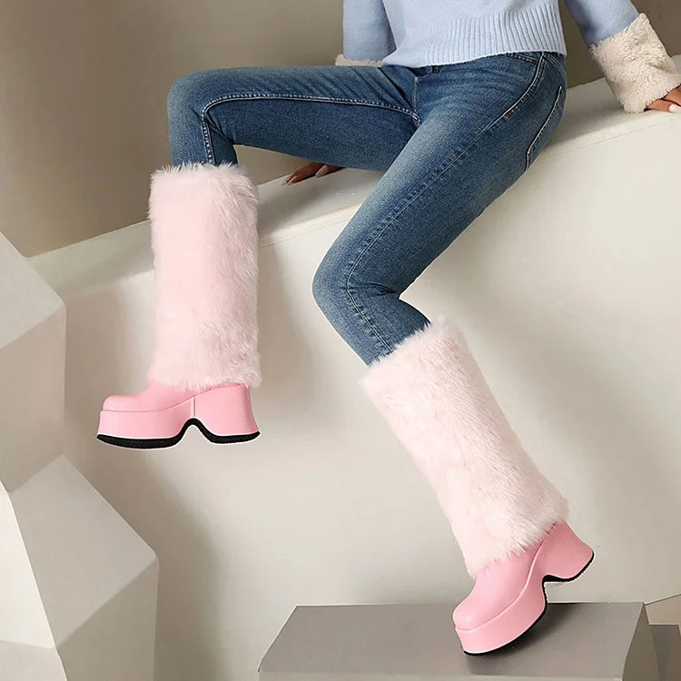 Faux Fur Trim Round Toe Chunky Heel Platform Long Boots