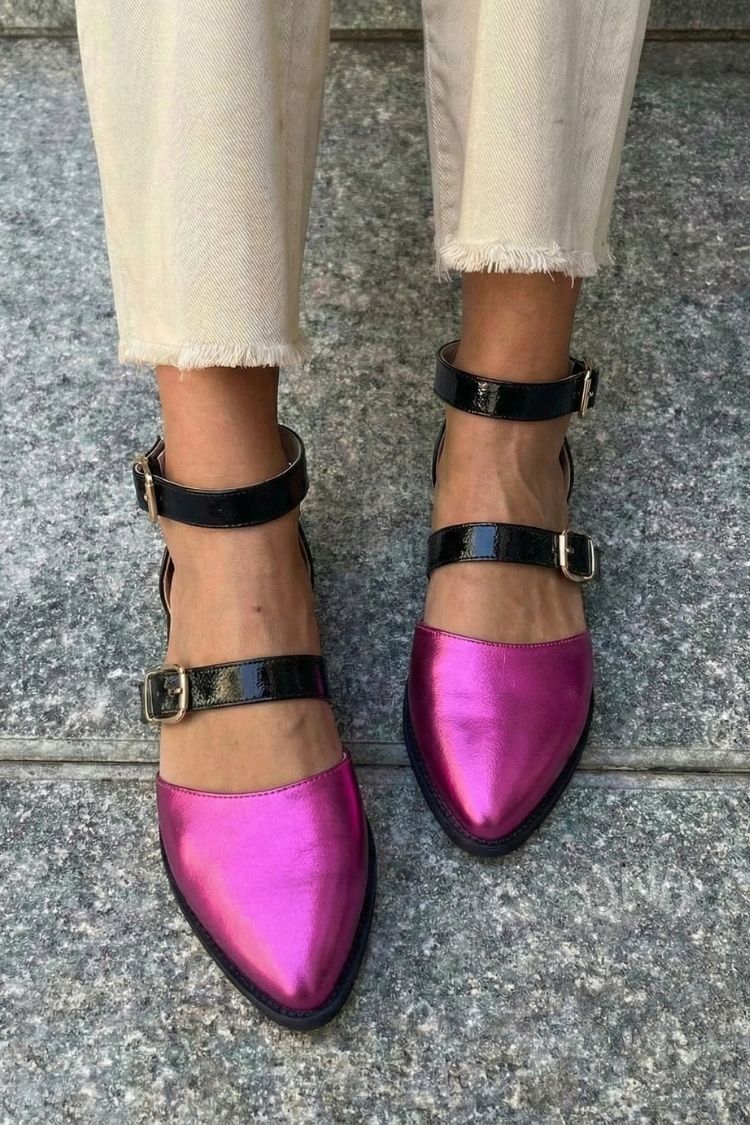 Ballerine a punta con doppio cinturino a contrasto nero fucsia metallizzato [Pre-ordine]