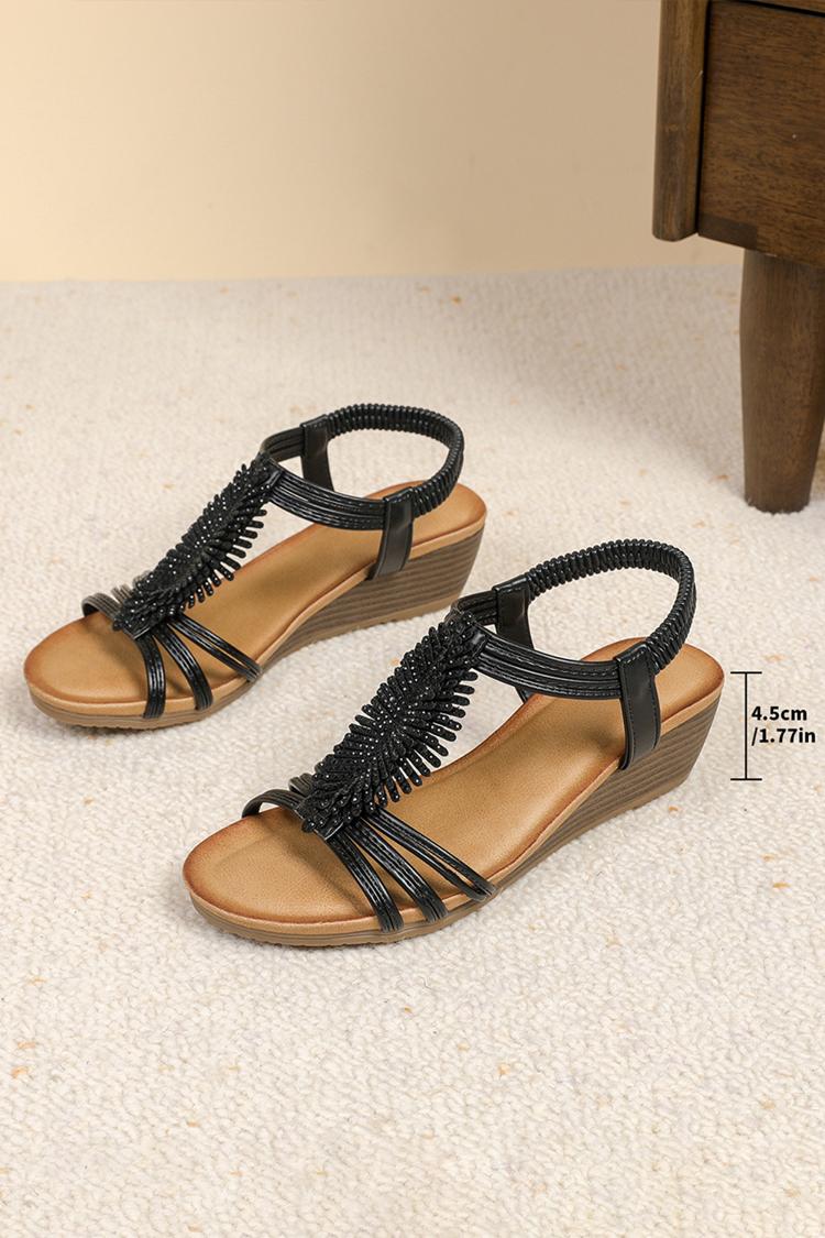 Sandalias de cuña informales con punta abierta estilo bohemio y decoración de diamantes de imitación