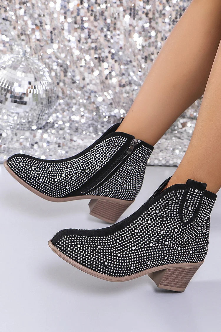 Rhinestone Decor V Cut Round Toe Chunky Heel Ankle Boots