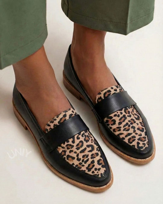 Leopard Print Leather Panel Classic Round Toe Loafer Flats [Pre Order]
