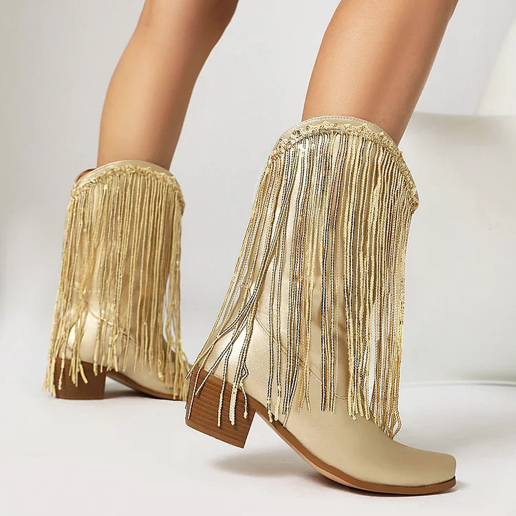 Metallic Sheen Fringed Trim Pointed Toe Chunky Heel Mid Boots