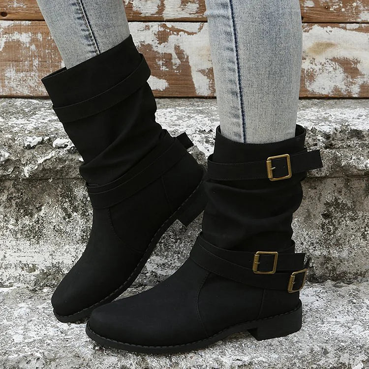 Einfarbige mittelhohe Stiefel mit mehreren Riemen und Schnallen im Patchwork-Stil und runder Zehenpartie