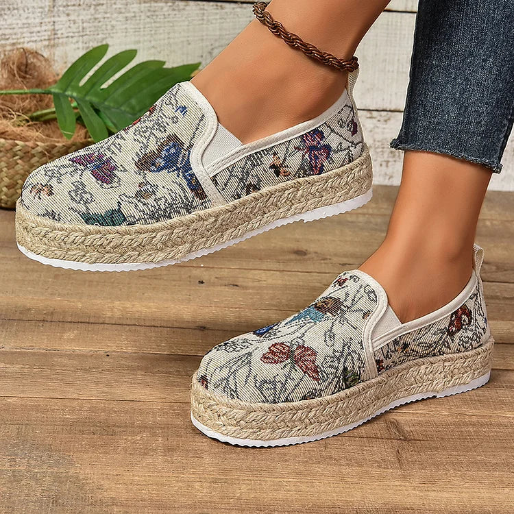 Casual Pattern Print Woven Platform Round Toe Canvas Loafers