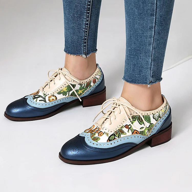 Floral Print Colorblock Patchwork Rundspitze Schnür-Brogue Oxfords