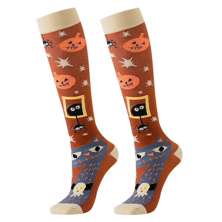 Calcetines por encima de la pantorrilla con estampado de calavera, calabaza y fantasma de Happy Halloween 