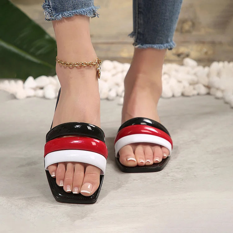 Color Block Square Toe Casual Beach Flat Slippers