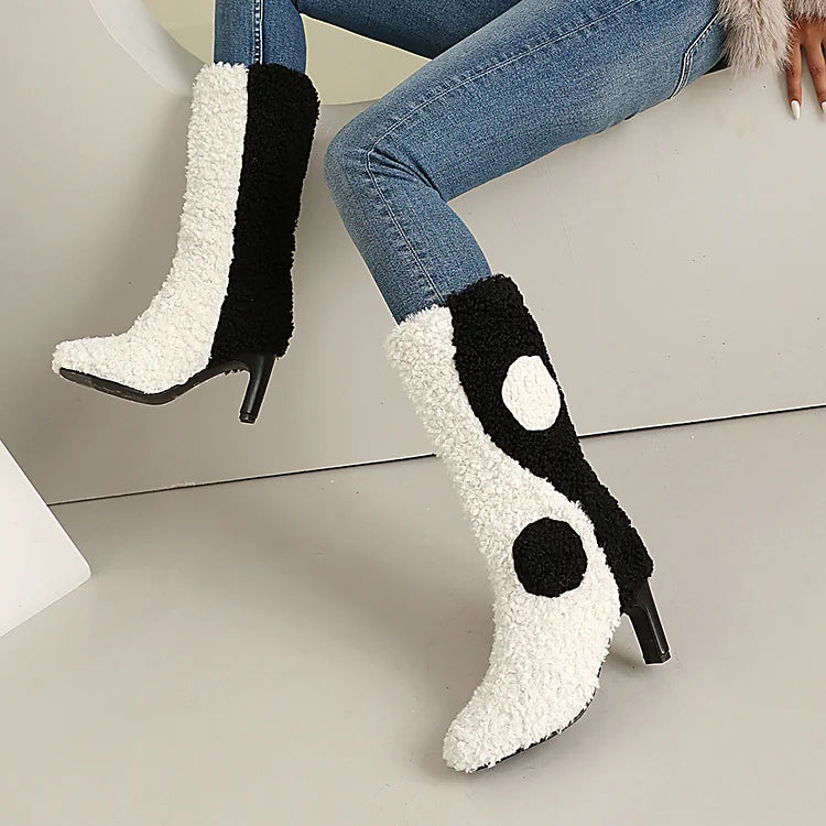 Colorblock Faux Fur Round Toe Chunky Heel Pull On Mid Calf Boots