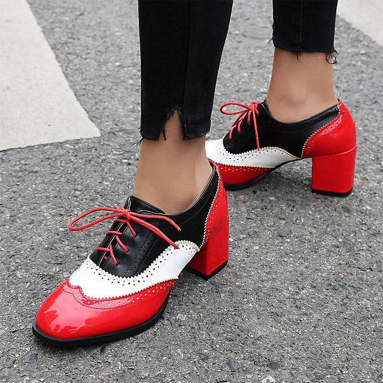 Scarpe Oxford Brogue con Tacco Grosso e Lacci, Punta Rotonda e Patchwork Color Block 