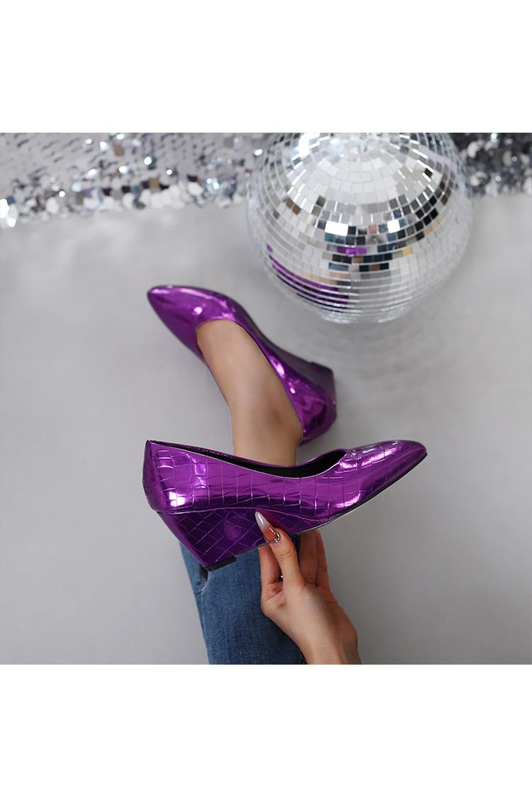 Zeppe con punta affilata, tinta unita, effetto metallizzato lucido, stampa coccodrillo