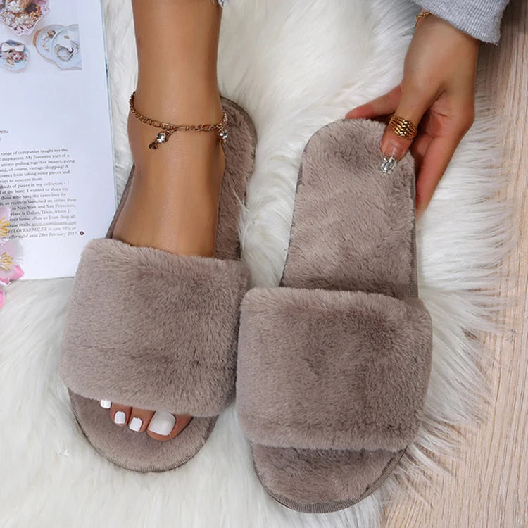 Solid Color Casual Round Toe Faux Fur Fluffy Slippers