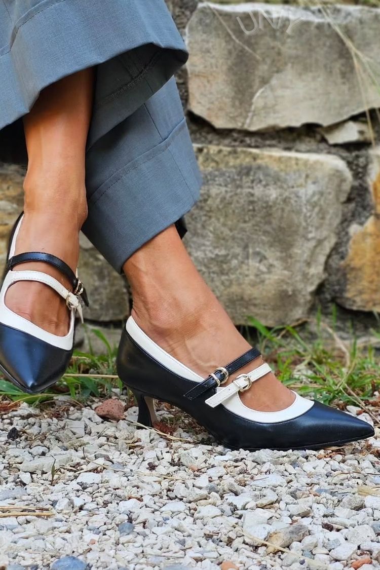 Black Pointed Toe Color Block Mary Jane Kitten Heels [Pre Order]