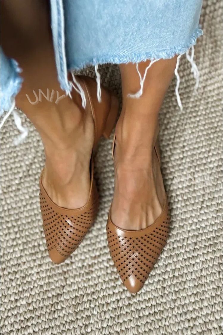 Chic Brown PU Leather Laser Cut Pointed Toe Flats [Pre Order]