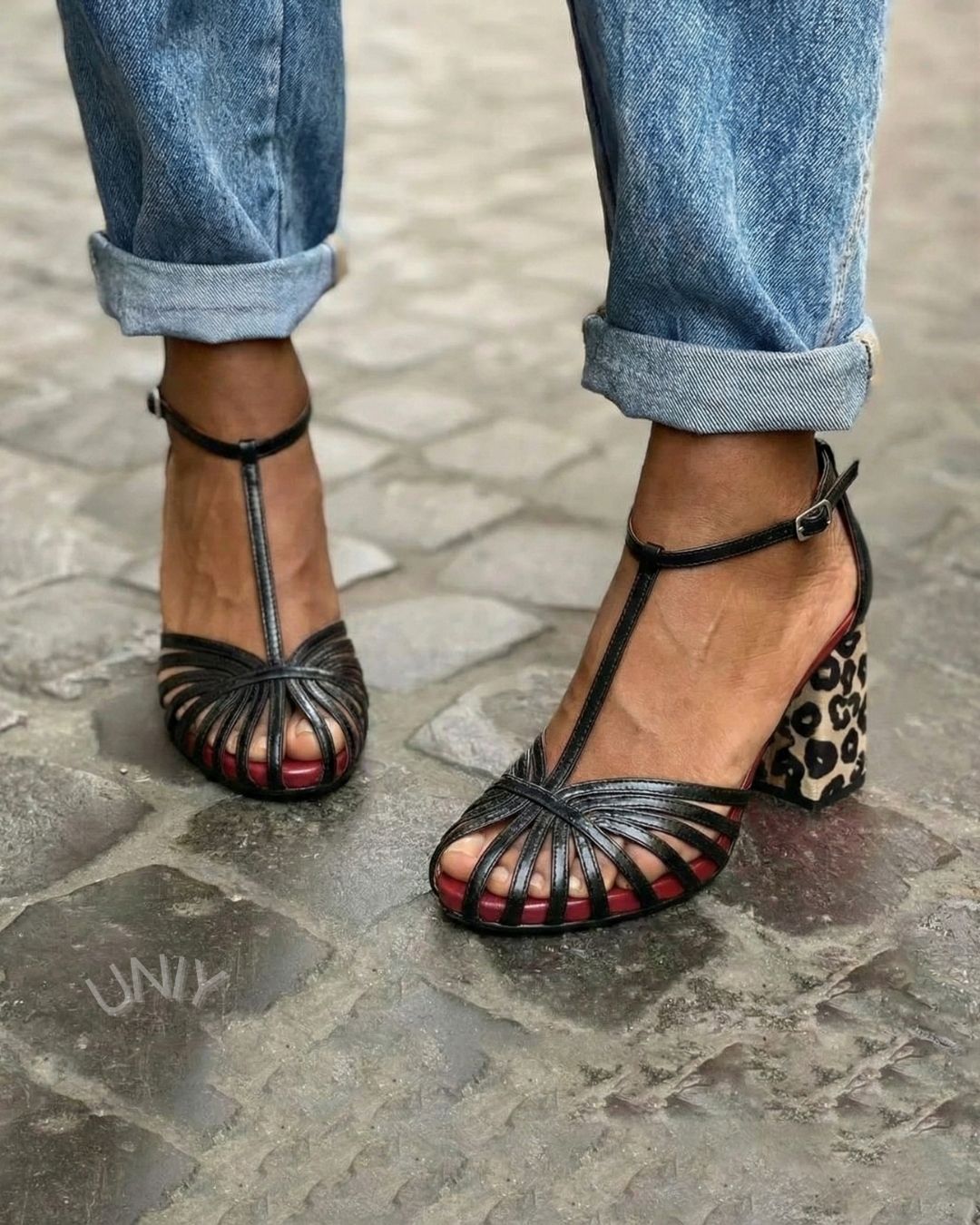 Classic Black Woven T-Strap Leopard Print Block Heel Sandals [Pre Order]