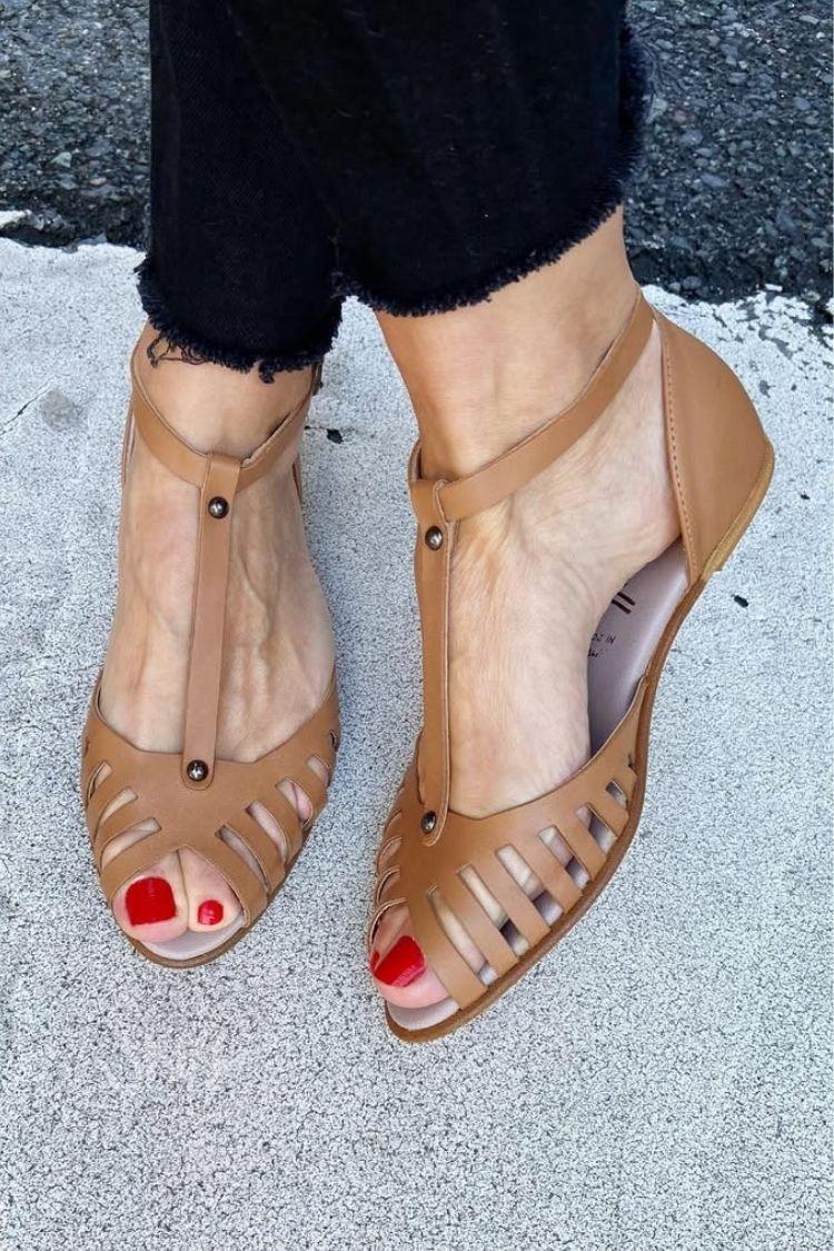 Classic Brown Cutout T-Strap Open Toe Flat Sandals [Pre Order]