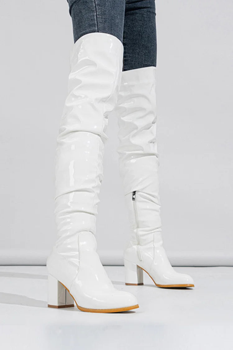 Solid Color Round Toe Chunky Heel Patchwork Zipper Over The Knee Boots