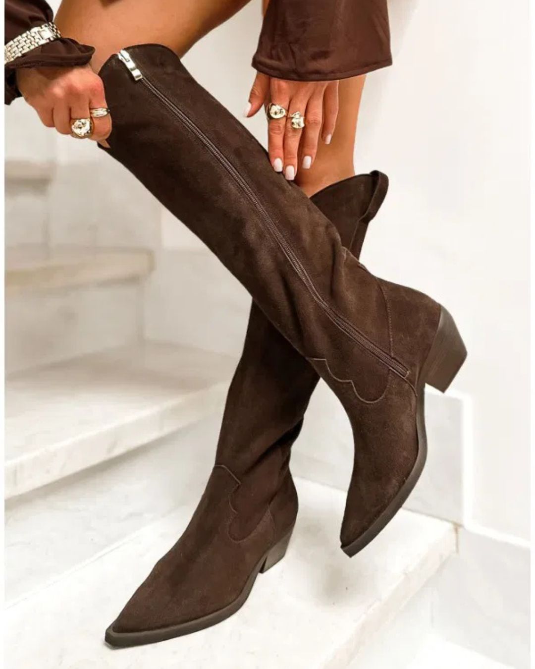 Braune Wildleder Patchwork Blockabsatz Lange Stiefel [Vorbestellung]